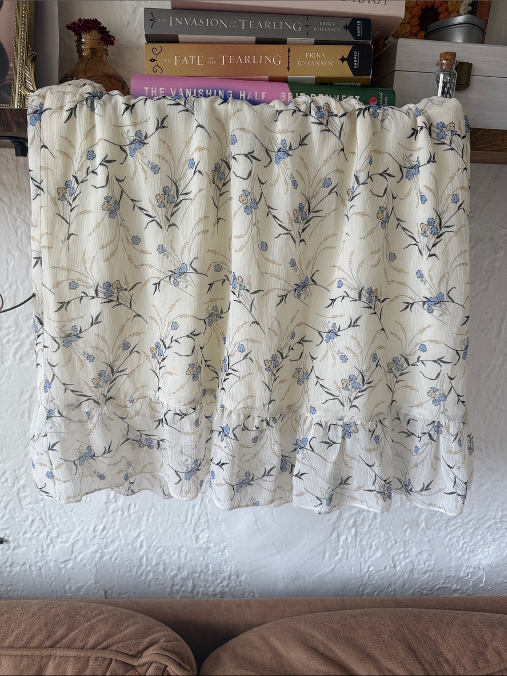 REVAMPED Cream Floral Ruffled Mini Skirt - Blue Accent